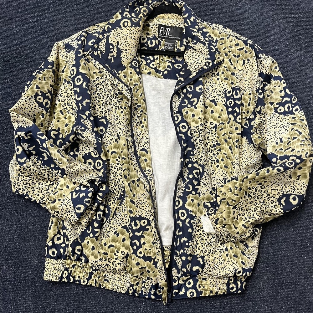 EVR Jacket Womens Medium Blue Tan Animal Print Zip Up Bomber‎ Lightweight Retro